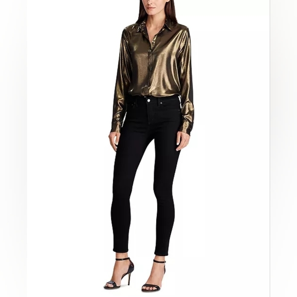 BRAND NEW with tags RALPH LAUREN Metallic Satin Shirt (Gold/Black) Size Large - Picture 5 of 13